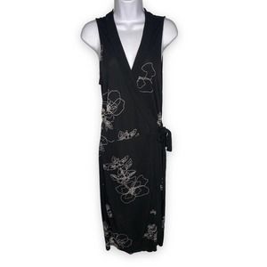 Womens New Frontier Medium True Wrap Dress Black Floral Tie V-Neck Sleeveless